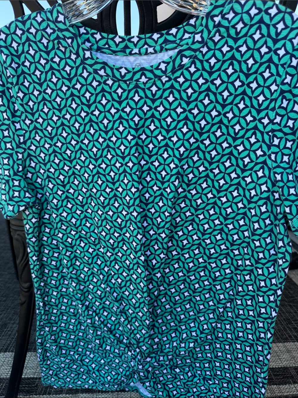 Talbots Teal and Navy Geometric Short Sleeve Tee